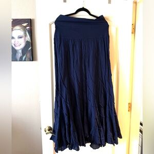NWT Cute Options Navy Blue Maxi A-Line Pleated Skirt Boho Tiered Crochet Gypsy M